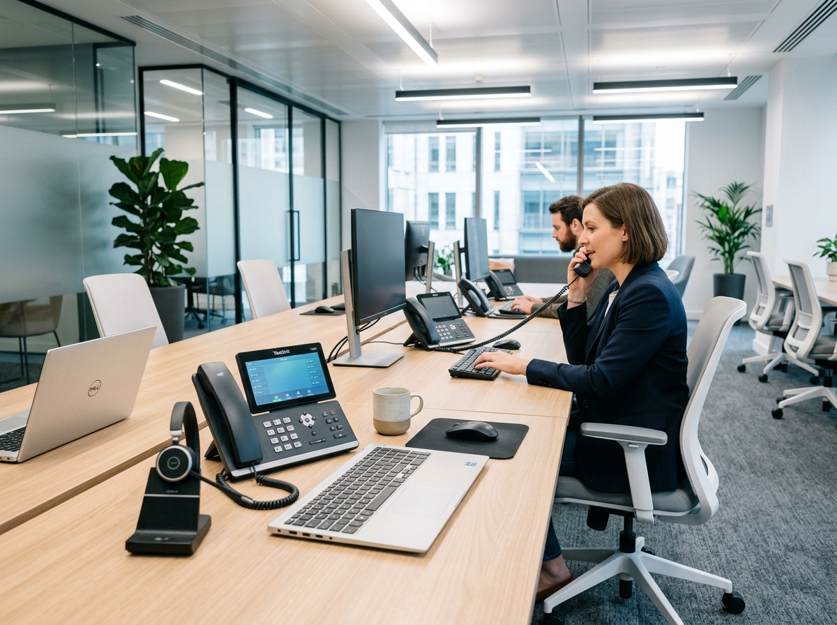 Équipe support utilisant la téléphonie professionnelle en entreprise